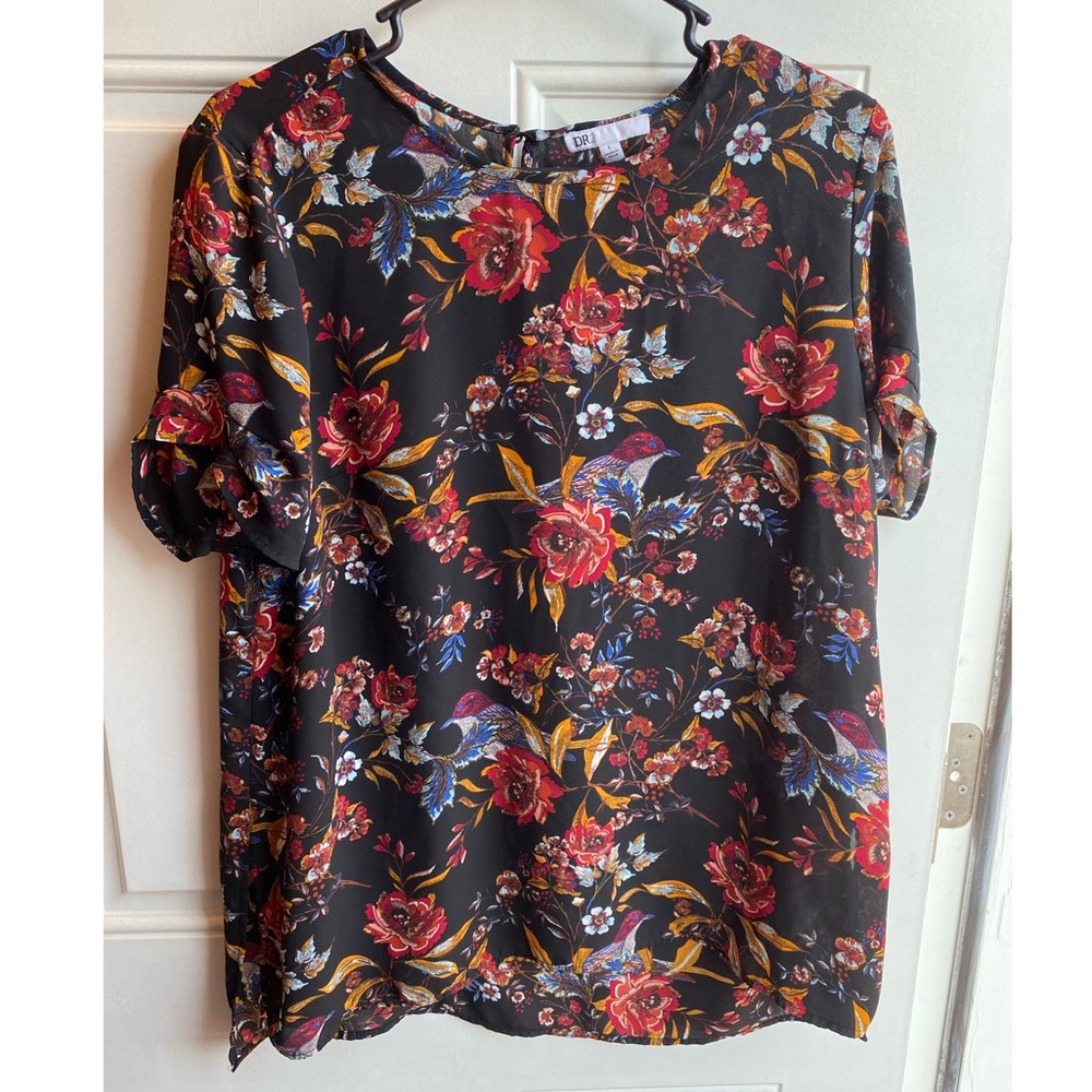 Floral & Bird Print Shortsleeved Blouse